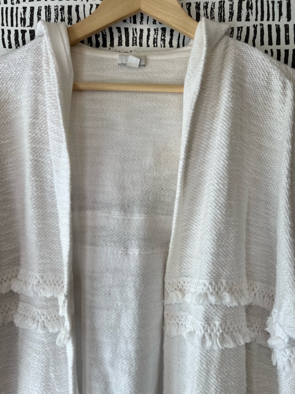 J.Jill Ivory Fringe Trim Open Front Cardigan Sweater Boho Coastal Cozy - Picture 3 of 14